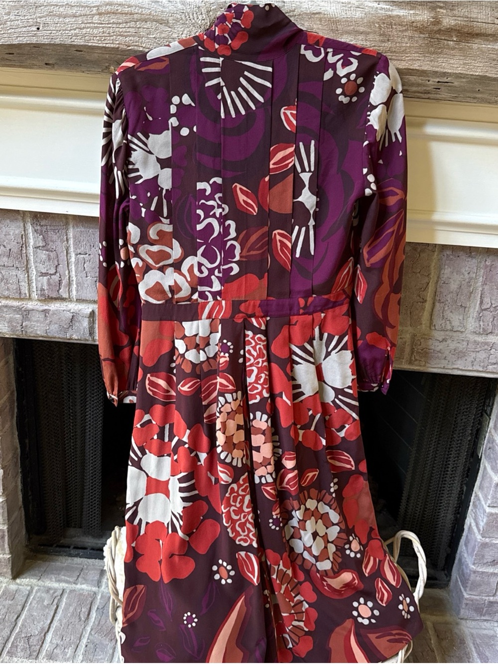 Burberry Long Sleeve Silk Floral Abstract Burgundy Midi Dress W Neck Tie Sz 8 - Picture 10 of 16